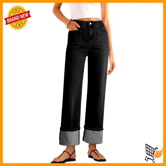 Denim - High Waisted Wide Leg Stretch Denim Jeans for Women, Cuffed Hem